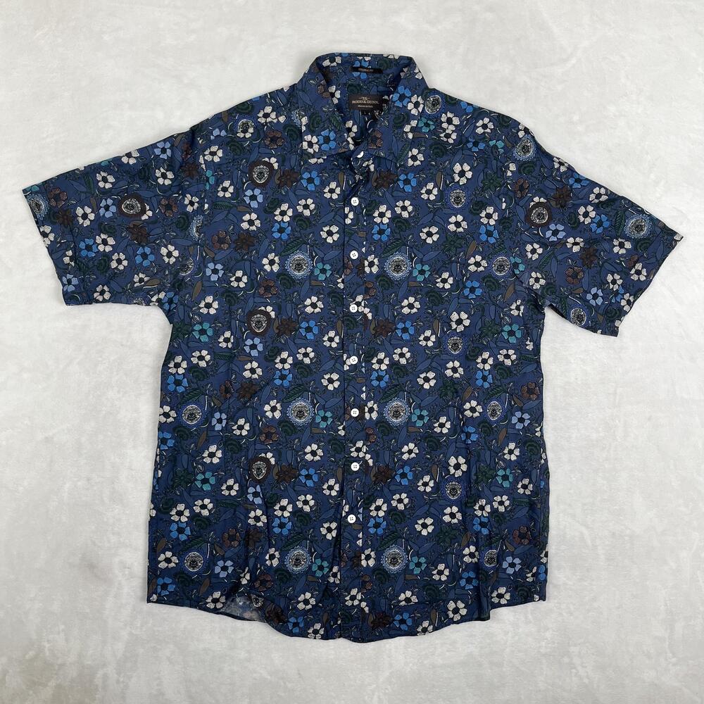Rodd & Gunn Shirt Mens Large Blue Floral Short Sleeve Button Front Italy Casual